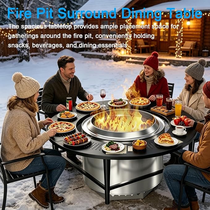 LS'BABQ 40" Fire Pit Surround Tabletop with Waterproof Cover for Solo Stove Bonfire & Ranger, Round Outdoor Fire Pit Table for Most Wood-Burning Stoves Under 22" Dia for Camping, Powder-Coated Steel