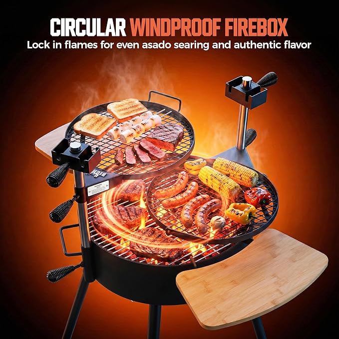 BIG HORN Santa Maria Grill, Portable Argentinian Parrilla with Adjustable Height & 360° Rotating Grates, Charcoal Open Fire BBQ Grill with Rotisserie for Camping, Patio & Backyard