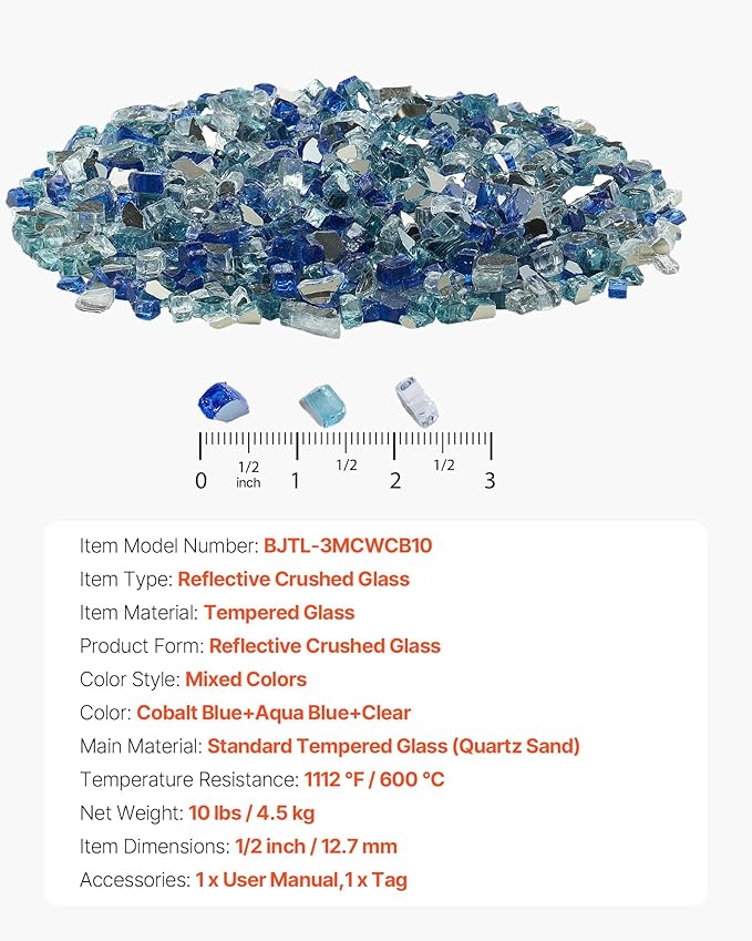 VEVOR Fire Glass, 10 lbs, Cobalt Blue + Aqua Blue + Clear, 1/2 Inch High-Temperature Resistant Reflective Glass Rocks, Smokeless Fire Pit Stones for Outdoor Table & Landscaping