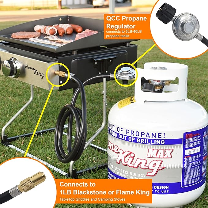Flame King 6-FT Propane Adapter Hose & Regulator for 20LB Tank for 17"/22" Blackstone Tabletop Grill Griddle, Weather Resistant & Corrosion Resistant