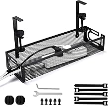 Under Desk Cable Management Tray Small – Clamp-Mounted Wire Organizer & Cord Management Under Desk Rack, No-Drill Metal Cable Organizer for Home Office (Black)