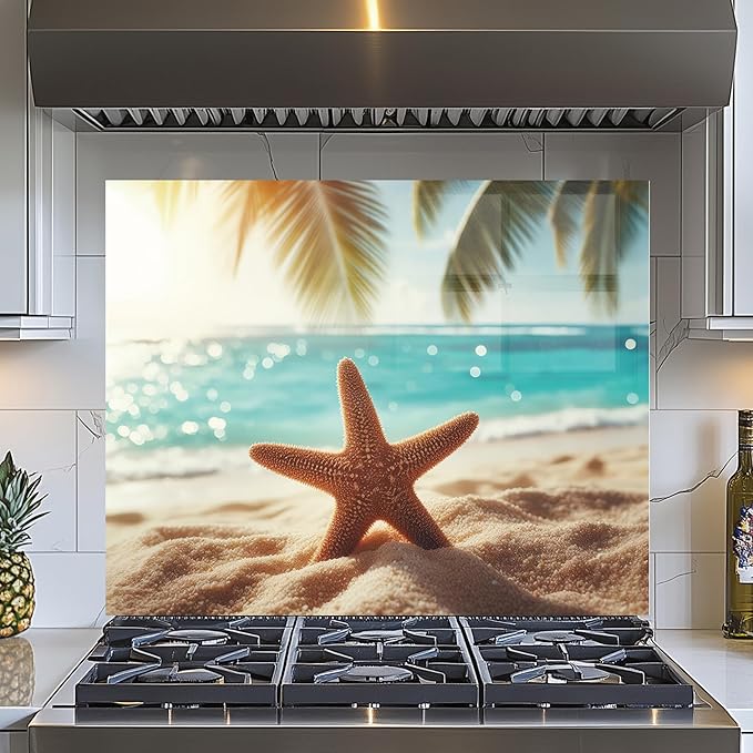Evgosm Tempered Glass Backsplash for Kitchen，beach Stove Splashback, Glass Backsplash, Easy to Install and Clean, Used for Kitchen Wall Protection and Decoration. (30x24'')