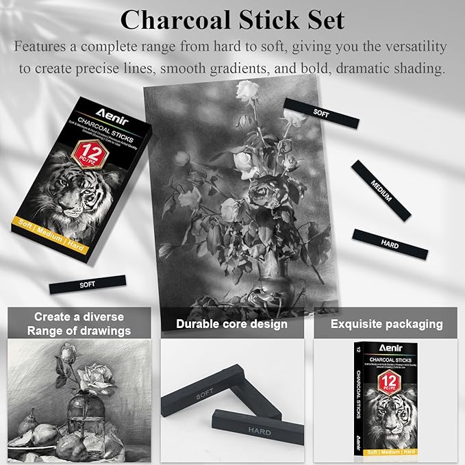 Aenir Compressed Charcoal Sticks Set of 12 – Soft, Medium, Hard Charcoal for Drawing, Sketching & Shading – Art Supplies for Artists, Beginners & Adults