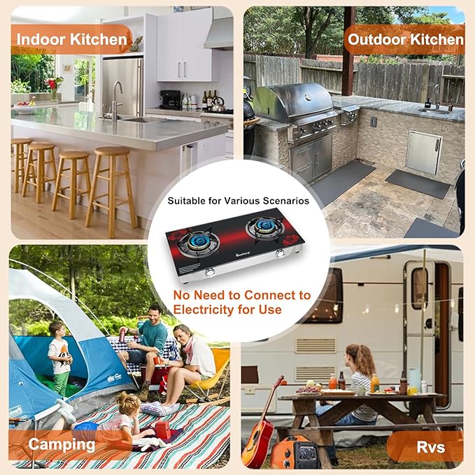 Propane Stove 2 Burner Gas Stove, 28800 BTU High-Efficiency Auto Ignition Tempered Glass LPG Cooktop with CSA Regulator and Hose – for Outdoor Camping, RV, and Emergency Cooking