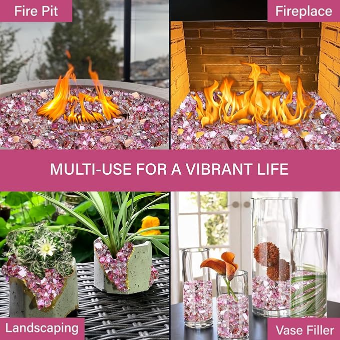 NUPICK 5 Pound Fire Glass, 1/4 Inch Reflective Fire Pit Glass, Tempered Firepit Glass Rock for Propane or Natural Gas, Glass Rocks for Fire Pit Table, Fireplace Glass for Landscaping, Pink