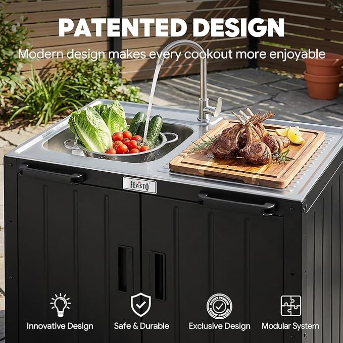Feasto Outdoor Kitchen Island with Stainless Steel Sink and Storage Cabinet, 35-Inch BBQ Prep Station with Faucet & Lockable Wheels for Patio, Backyard, and Outdoor Cooking, Black & Silver