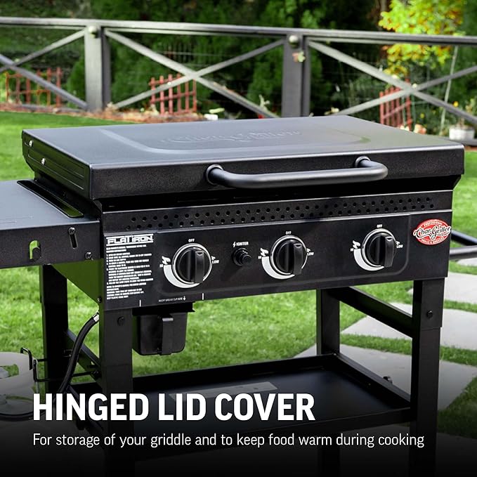 Char-Griller® Flat Iron 3-Burner Propane Gas Flat-Top Griddle with Steel Griddle Top, Hinged Lid and Wind Guards, 520 Cooking Square Inches in Black, Model 8428