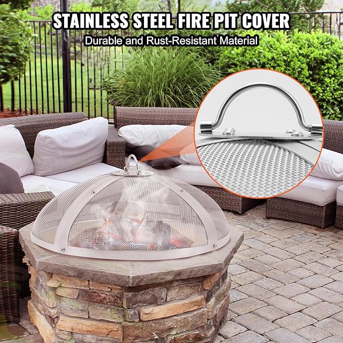 VEVOR Fire Pit Spark Screen Round 20", Reinforced Heavy Duty Steel Metal Cover, Outdoor Firepit Lid, Compatible with The Solo Stove Bonfire Ring Handle for Outdoor Patio Fire Pits Backyard