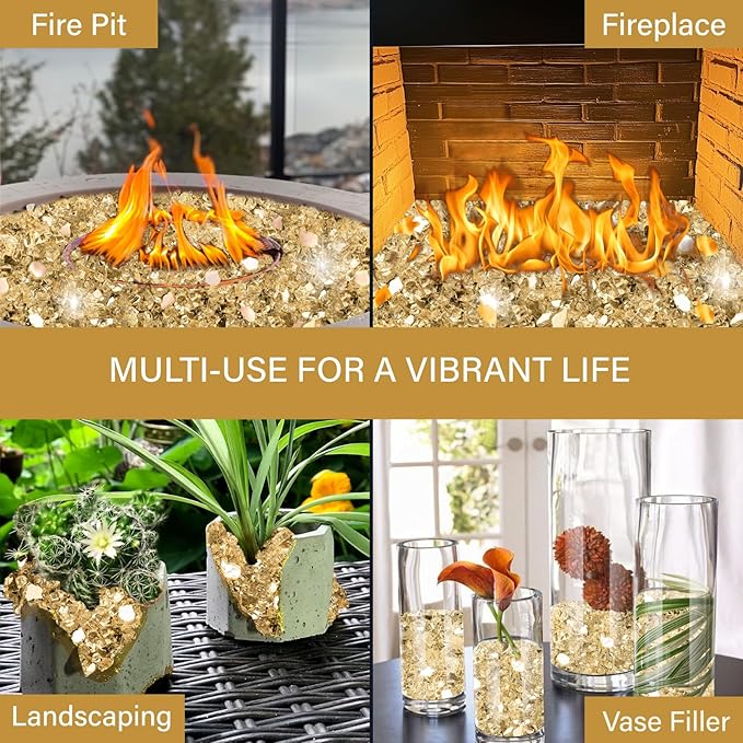 NUPICK 10 Pound Fire Glass, 1/4 Inch Reflective Fire Pit Glass, Tempered Firepit Glass Rock for Propane or Natural Gas, Glass Rocks for Fire Pit Table, Fireplace Glass for Landscaping, Gold
