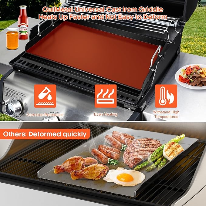 Updated 25" x 16" Cast Iron Griddle for Gas Grill, Nonstick Nanoceramic Stove Top Griddle for Gas Stove, Pre-Seasoned Flat Top Plate Insert for Outdoor Gas Grill, Camping, Tailgating, Parties