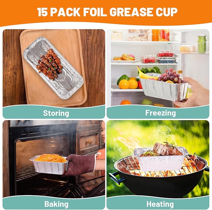 50-Pack Aluminum Foil Grill Drip Pan Grease Cup Liners Compatible with Blackstone Griddle (Griddle Grease Catcher+15Pcs Liners)