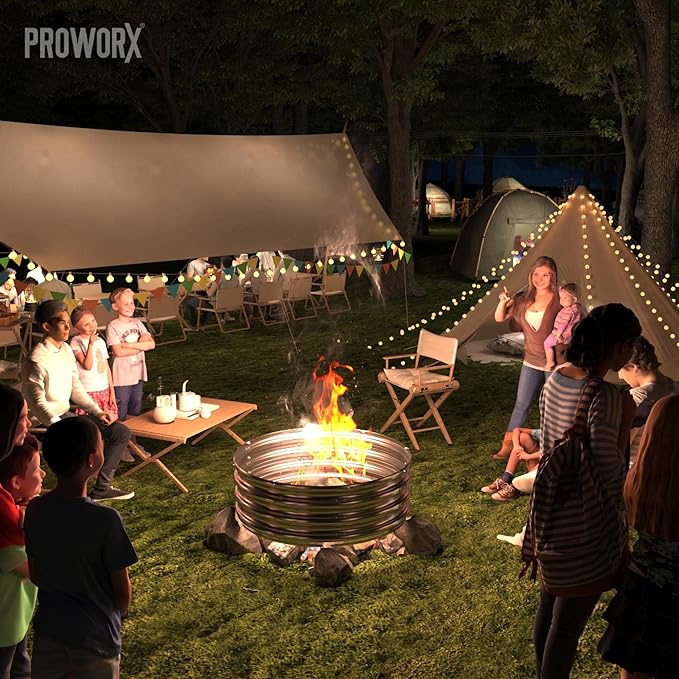 PROWORX 36 Inch Outdoor Fire Pit Ring, Round Galvanized Portable Fire Pit for Camping, Metal Steel Bonfire Fire Ring for Outside, Backyard