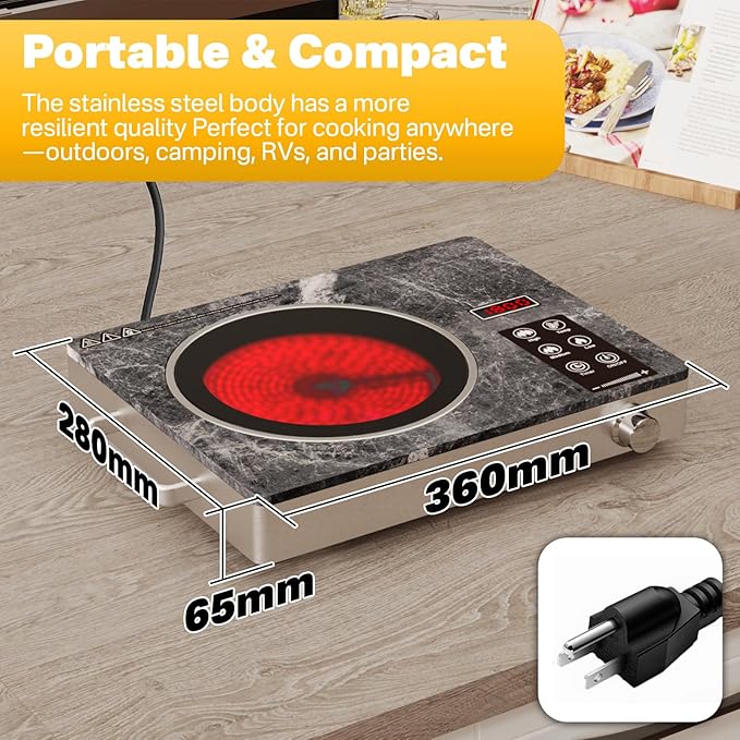 Alemania Single Burner Ceramic Cooktop, Portable 1800W Electric Stove, Countertop Burner for Cooking, Plug in Kitchen Hot Plate, Temperature Adjustable Compact Hob Camping Stoves
