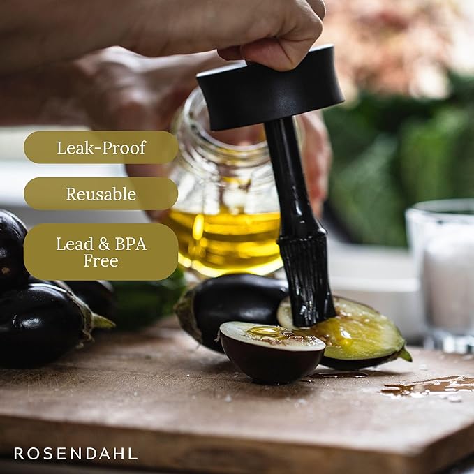 Rosendahl Grand Cru 8.1 in. Marinade Glass with Brush - Stylish Black Glass Jar with Flexible Lid and Soft-Touch Silicone Brush, Perfect for Mixing and Storing Marinades, Leak-Proof Kitchen Essential