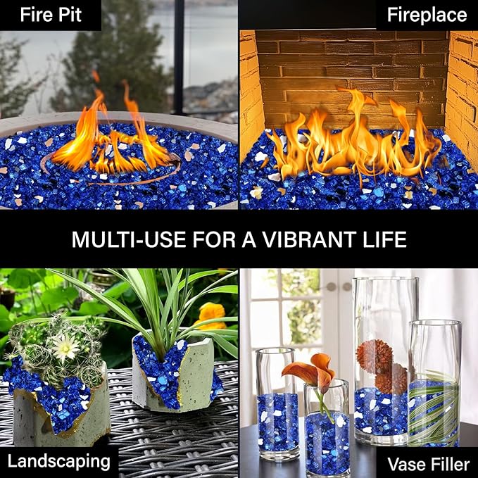 NUPICK 20 Pound Fire Glass, 1/4 Inch Reflective Fire Pit Glass, Tempered Firepit Glass Rock for Propane or Natural Gas, Glass Rocks for Fire Pit Table, Fireplace Glass for Landscaping, Blue