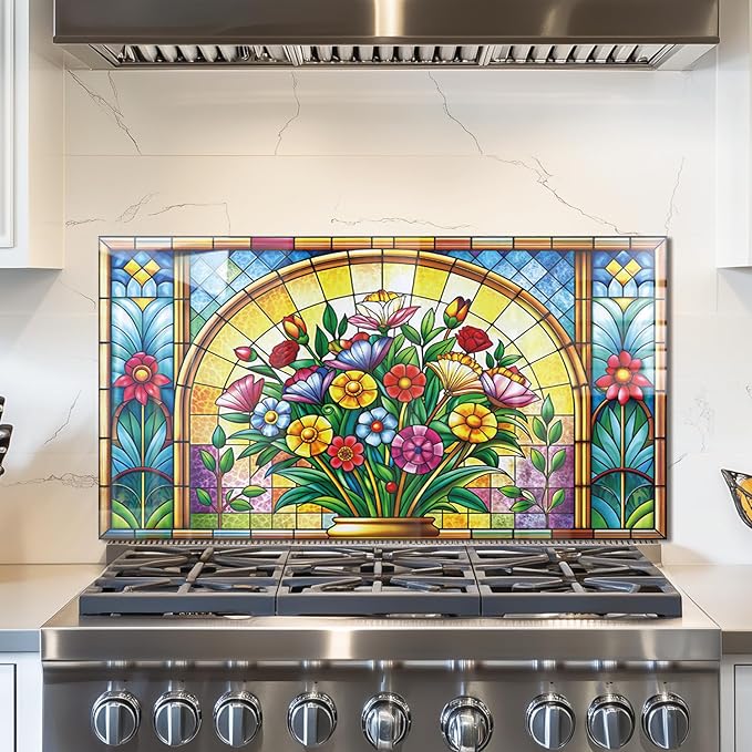 fzxwyishu Tempered Glass Backsplash for Kitchen,Stove Splashback Protector Mosaic Window Design | Heat-Resistant Splash Board, Kitchen Wall Decoration
