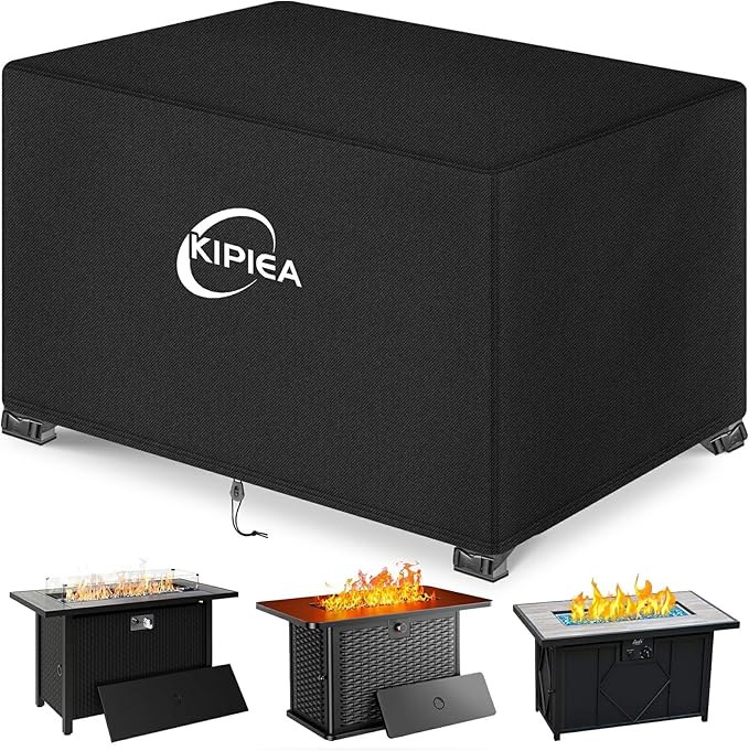 Kipiea Rectangular Fire Pit Cover – Upgraded 600D Heavy Duty, 100% Waterproof Propane Fire Table Cover, UV and Tear Resistant Outdoor Fire Pit Table Cover for 44" L x 26" W x 24" H, Black