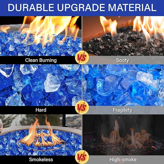 NUPICK Fire Glass - 20 Pound Mixed Bahama Blend for Fire Pit & Gas Fireplace, 1/2-3/4 Inch Tempered Glass Rock in Blue and White