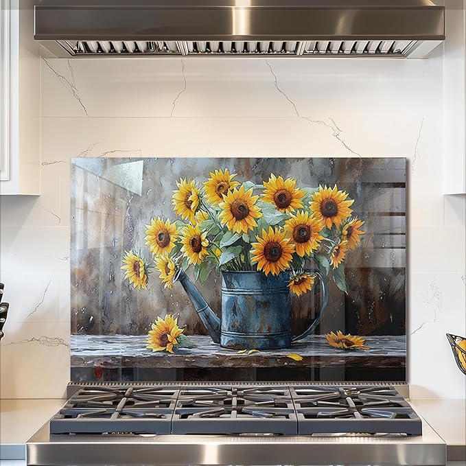 fzxwyishu Tempered Glass Backsplash for Kitchen,Stove Splashback Protector Sunflower Design | Heat-Resistant Splash Board, Kitchen Wall Decoration