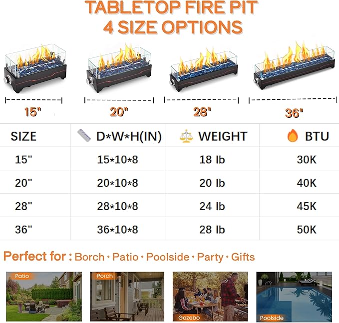 GRISUN Tabletop Fire Pit,28 Inch Propane Fire Pit Table,45000 BTU Table Top Firepit with Glass Wind Guard,Stainless Steel Burner,Fire Glass,Portable Propane fire Pit for Patio, Camping, Backyard & RV