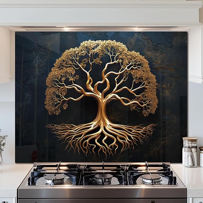 DAIFURONGE Tempered Glass Backsplash for Kitchen, Tree of Life Art Stove Backsplash Protector - Easy to Clean Wall Decor (Art Deco 1, 35.43"x27.56"(90x70cm))