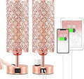 Hong-in Rose Gold Lamp Set of 2, 3-Way Crystal Table Lamp Touch Control with USB-C+A & AC Ports, Dimmable Nightstand Desk Light, Pink Bedside Table Lamp for Bedroom(Bulb Included & Set of 2)
