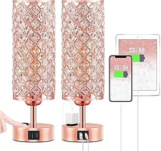 Hong-in Rose Gold Lamp Set of 2, 3-Way Crystal Table Lamp Touch Control with USB-C+A & AC Ports, Dimmable Nightstand Desk Light, Pink Bedside Table Lamp for Bedroom(Bulb Included & Set of 2)