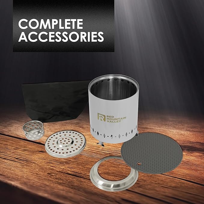 Red Mountain Valley Smokeless Tabletop Fire Pit with Mat, Portable Mini Low Smoke Camping Stove, with Travel Bag and Fireproof Mat, Stainless Steel Grey, for Outdoor Enthusiasts