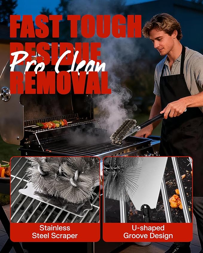 Grill Brush with Scraper - BBQ Grill Brush for Outdoor Grill, Extra Strong Grill Cleaner Accessories for Grill Smoker Gas Charcoal Grill Cleaning-Gifts for Grill Wizard Dad Men