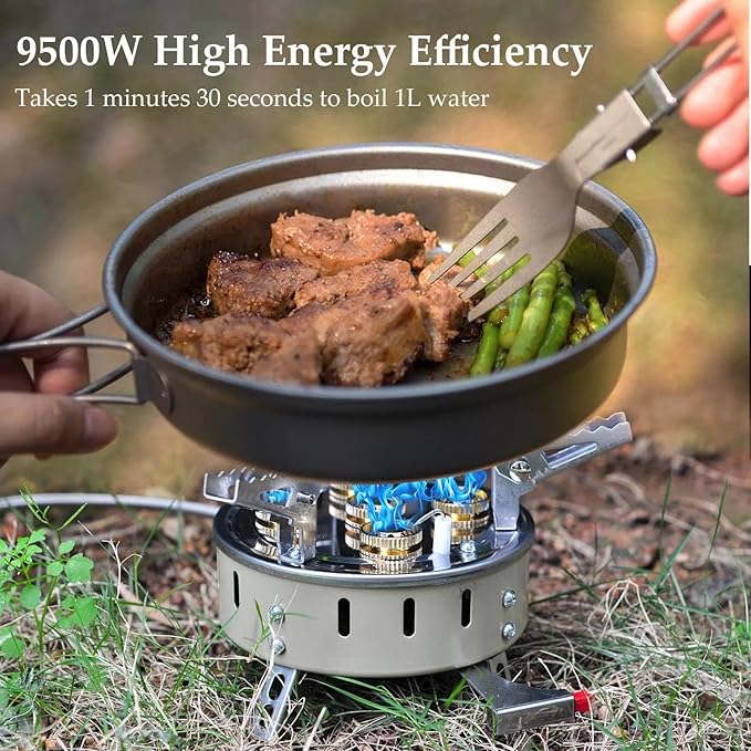 9500W Portable Windproof Camping Stove, Backpacking Camp Stove with Two Fuel Canister Adapter, Camping Gas Stoves with Piezo Ignition, Collapsible Stoves Burner for Outdoor Cooking Hiking and Picnic