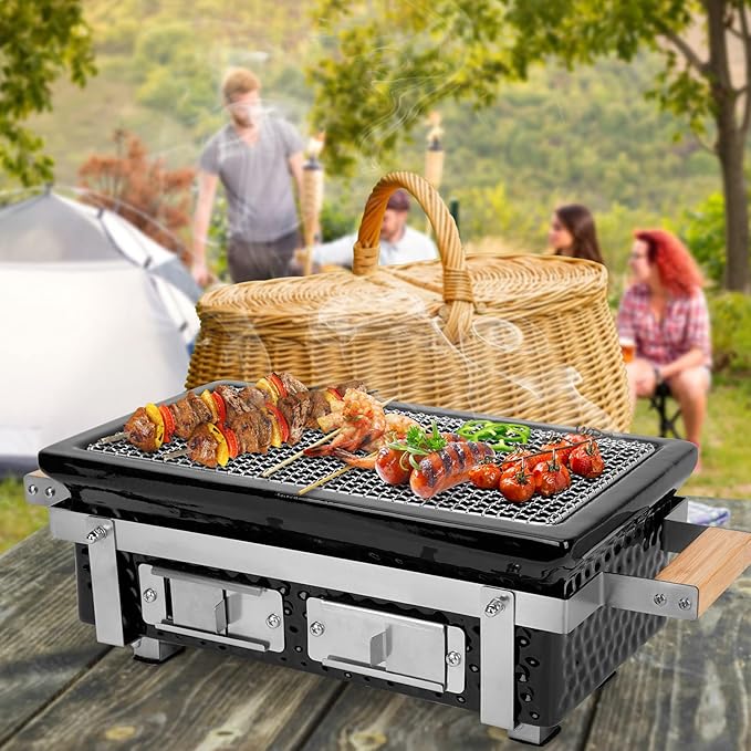 ONLYFIRE GRILLS Charcoal BBQ Hibachi Grill with Grid Lifter, Portable Yakitori Grill with Stainless Steel Grate, Barbecue Stove for Outdoor Camping Picnic Patio Backyard Cooking, GS306