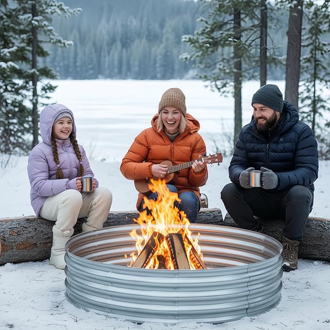 60 Inch Galvanized Steel Fire Pit Ring, 12 Inch Raised Heavy Duty Wood Burning Campfire Ring, Heat Resistant Outdoor Fireplace for Backyard, Patio & Camping