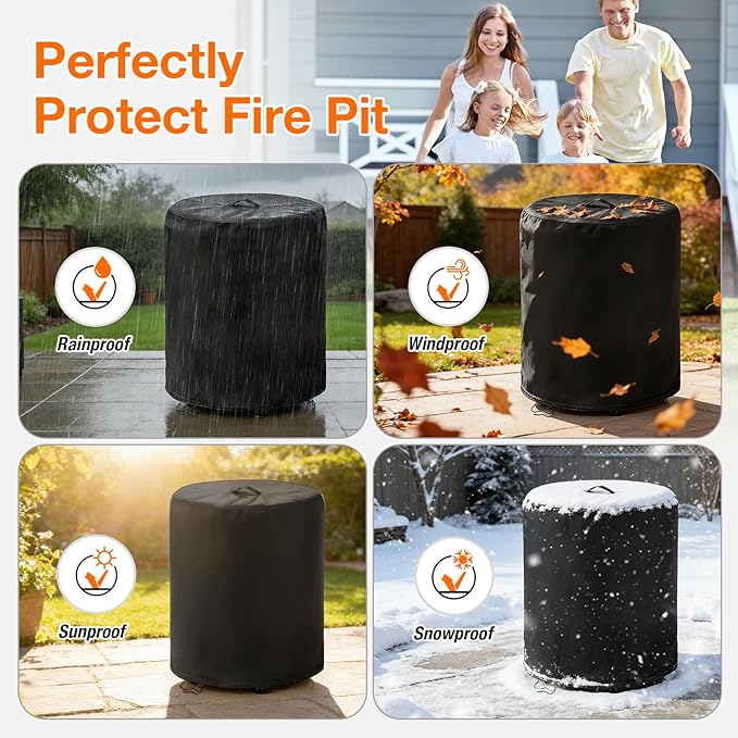 POMER Fire Column Cover, 24inch Round Fire Pit Covers Column Fire Bowl Waterproof Propane Gas Fire Pit Cover - 24" D x 27" H