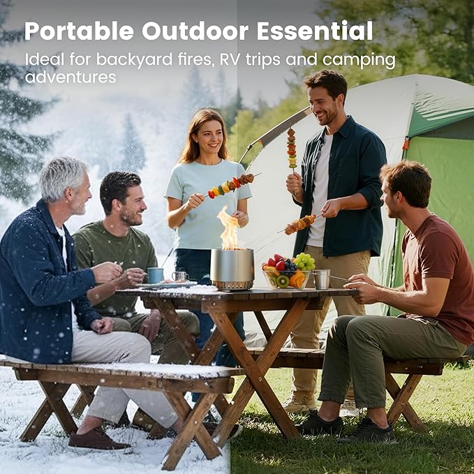 Amopatio Tabletop Fire Pit with Stand, Removable Ash Pan, 8.5 x 9.5 Inch Smokeless Portable Stainless Steel Wood Burning Outdoor Firepit with Carry Bag for Camping Patio & Backyard