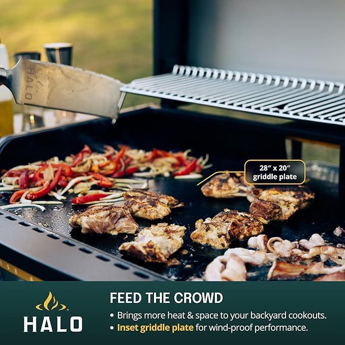 HALO Elite3B Outdoor Griddle | 3 Burner, 6 Cooking Zones | Large Surface with Warming Rack | 564 sq. in. (28.19″ x 20″) Wind-Proof Cooking Surface | Propane and Natural Gas Grill | HZ-1002-XNA
