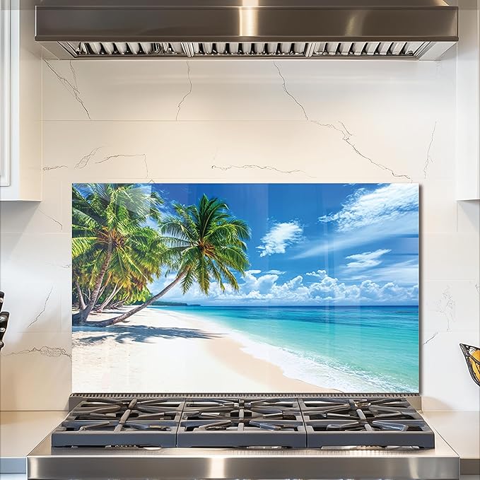 fzxwyishu Tempered Glass Backsplash for Kitchen,Stove Splashback Protector Beach Scenery Design | Heat-Resistant Splash Board, Kitchen Wall Decoration (Art Deco 2, 30"x18"(76.2x45.72cm))