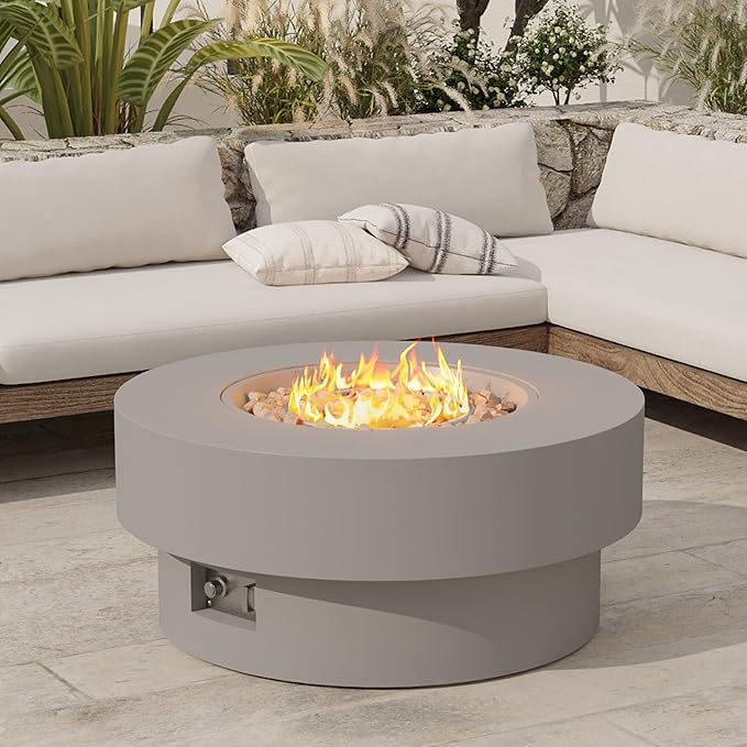 32.5 inch Outdoor Propane Fire Pit Table, 50000 BTU Round Patio Fire Pit Table with Lid, Waterproof Cover, 10ft Gas Hose & Gas Tank Base, Lava Rocks, CSA Certified, Grey
