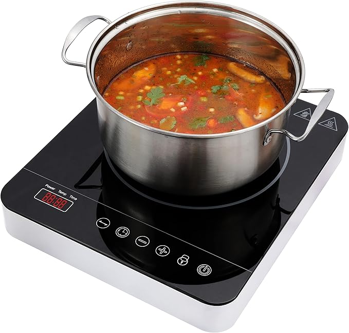 Portable Single Induction Cooktop Hot Plate Countertop Burner Cooker 1 Burner, 1800W, 9 Power Levels, 10 Temp Levels, Timer, Auto-Shut-Off, Touch Panel, LED Display, Child Lock, Black