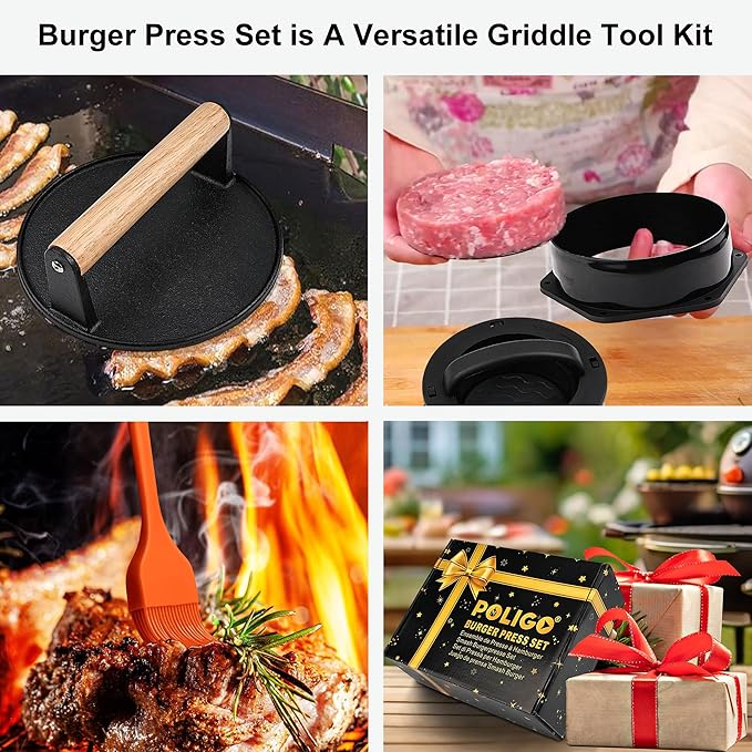 POLIGO Smash Burger Press Kit - 4 in 1 Hamburger Patty Storage Containers, 6.69" Cast Iron Smash Bacon Press - Non Stick Smash Burger Press Set for Grill and Griddle Cooking, Black Round