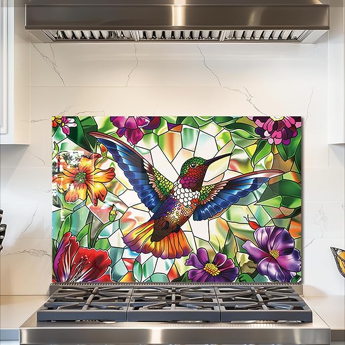 fzxwyishu Tempered Glass Kitchen Backsplash, Stove Back Top Cover, Splashback Tile,Hummingbird Kitchen Sink Cover Splash Guard, Home Kitchen Decor (Art Deco 2, 30"x20"(76.2x50.8cm))