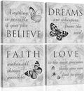 Inspirational Butterfly Wall Art - 4 Panels Grey Canvas Print - Faith Love Dreams Believe Calligraphy Canvas Wall Decor - Motivational Posters for Home Office Decor (B01, 12x12inch)
