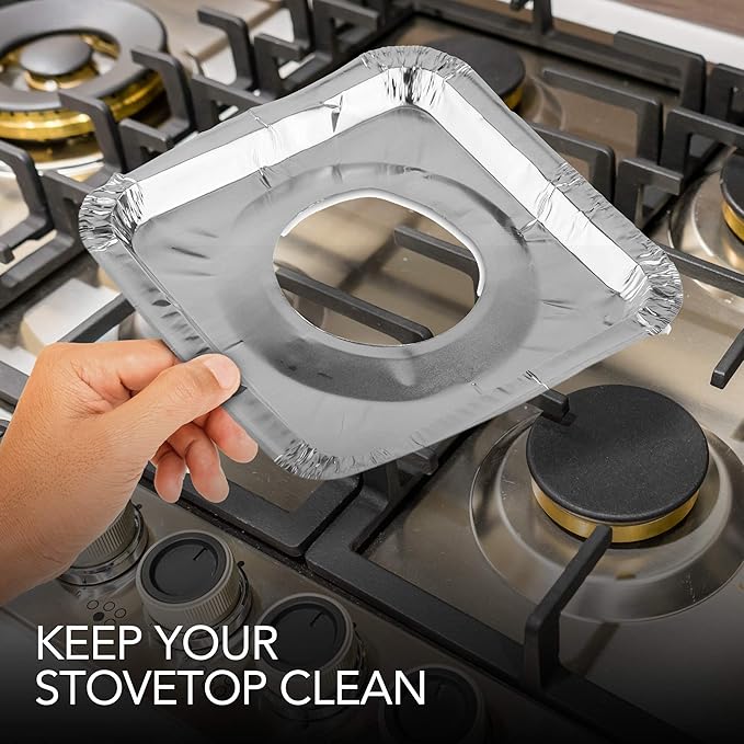 Disposable Gas Burner Liners (100 Pack) Aluminum Foil Square Gas Stove Burner Covers - 8.5 Inch Gas Range Protector, Stove Top Covers for Gas Burners, Foil Liners to Catch Oil, Grease, and Food Spills