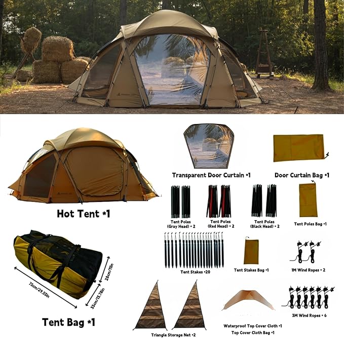 Hot Tent with Stove Jack – 4 Season Waterproof & Windproof Shelter for 1–4 People, Lightweight for Camping, Hiking, Hunting & Fishing