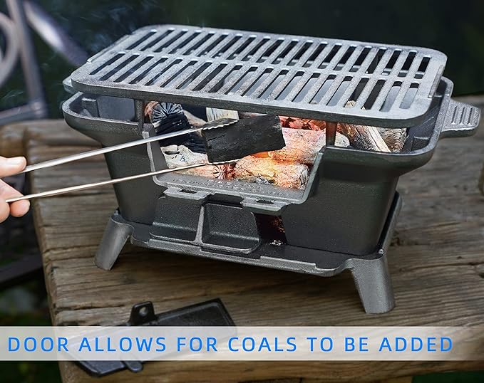 Hibachi Grill Outdoor, Portable Small Charcoal Grills, 100% Cast Iron, Mini Japanese Yakitori Tabletop Skillet Grill Stove for Outdoor Camping - Coal Door, Draft Door, Ideal for 2 People