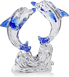 H&D HYALINE & DORA Double Crystal Glass Dolphins Figurines Collectibles, Sea Animal Sculpture Statue, Home Desk Decoration Ornaments