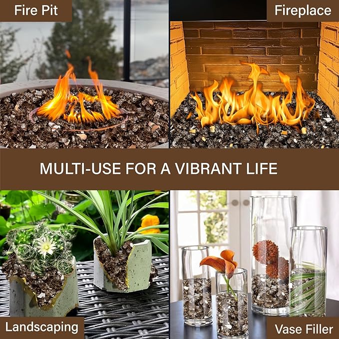 NUPICK 10 Pound Fire Glass, 1/2 Inch Reflective Fire Pit Glass, Tempered Firepit Glass Rock for Propane or Natural Gas, Glass Rocks for Fire Pit Table, Fireplace Glass for Landscaping, Bronze
