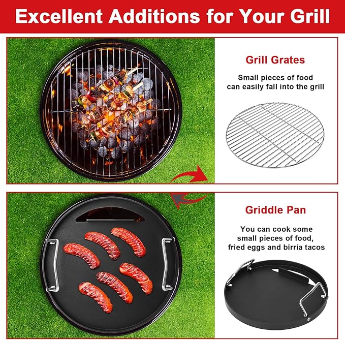 Full Size Griddle Inserts for Weber 14" Charcoal Grills Smokey Joe/Smokey Joe Premium/Smokey Mountain Cooker Smoker, Flat Top Griddle for Small Big Green Egg Grills, Replacement Part for Weber 7431