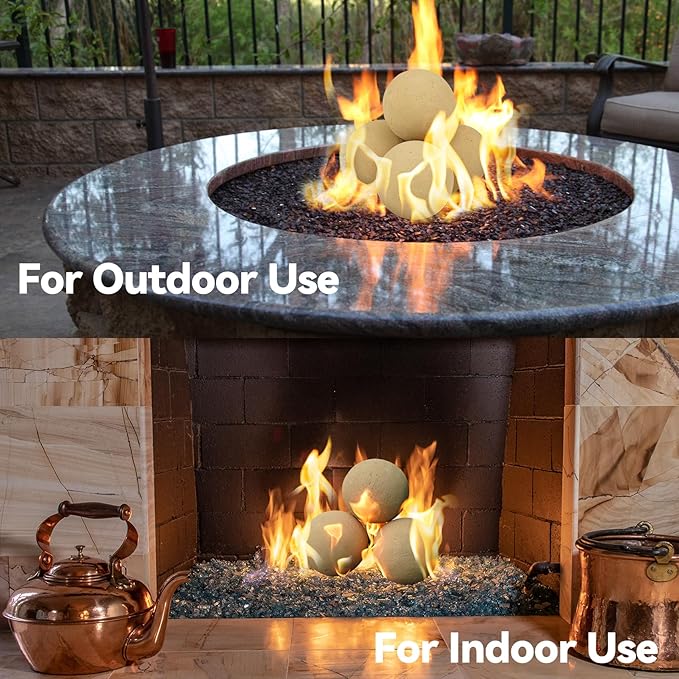 Skyflame 5" Ceramic Firepalce Balls for Gas Fire Pits, 6 Pack Round Reusable Beige Firepit Balls for Indoor and Outdoor Fire Bowls, Fire Tables or Fireplaces Accessory