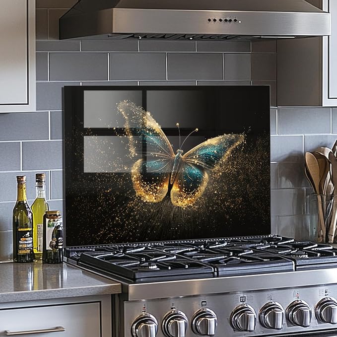 Evgosm Tempered Glass Backsplash for Kitchen，Butterfly Stove Splashback, Glass Backsplash, Easy to Install and Clean, Used for Kitchen Wall Protection and Decoration. (30x24'')