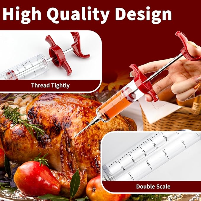 Turkey Meat Injector Syringe Kit with 3 Marinade Needles for BBQ Grill Smoker, 1 Cleaning Brush, 1 Oz/30 ml Large Capacity Injector Marinades for Meats Red
